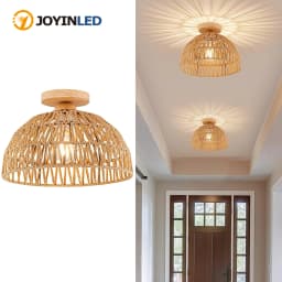 Hand-Woven Rattan Ceiling Light 30CM Vintage Country Style Ceiling Light with Wooden Base for Living Dining Room Hallway E27