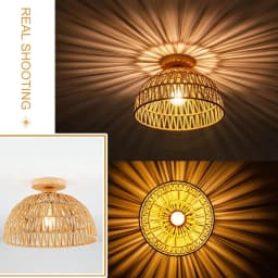 Hand-Woven Rattan Ceiling Light 30CM Vintage Country Style Ceiling Light with Wooden Base for Living Dining Room Hallway E27