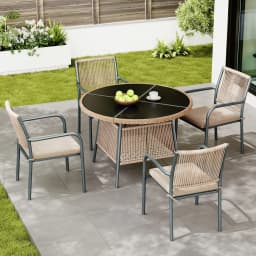 Modern rattan garden furniture set, round glass table + 4 armchairs, iron frame, suitable for terrace/balcony/deck