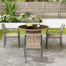 Modern rattan garden furniture set, round glass table + 4 armchairs, iron frame, suitable for terrace/balcony/deck