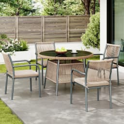 Modern rattan garden furniture set, round glass table + 4 armchairs, iron frame, suitable for terrace/balcony/deck