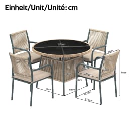 Modern rattan garden furniture set, round glass table + 4 armchairs, iron frame, suitable for terrace/balcony/deck
