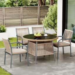 Modern rattan garden furniture set, round glass table + 4 armchairs, iron frame, suitable for terrace/balcony/deck