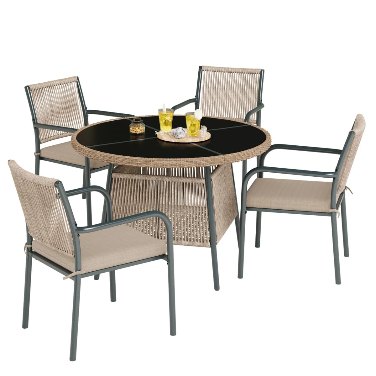 Modern rattan garden furniture set, round glass table + 4 armchairs, iron frame, suitable for terrace/balcony/deck