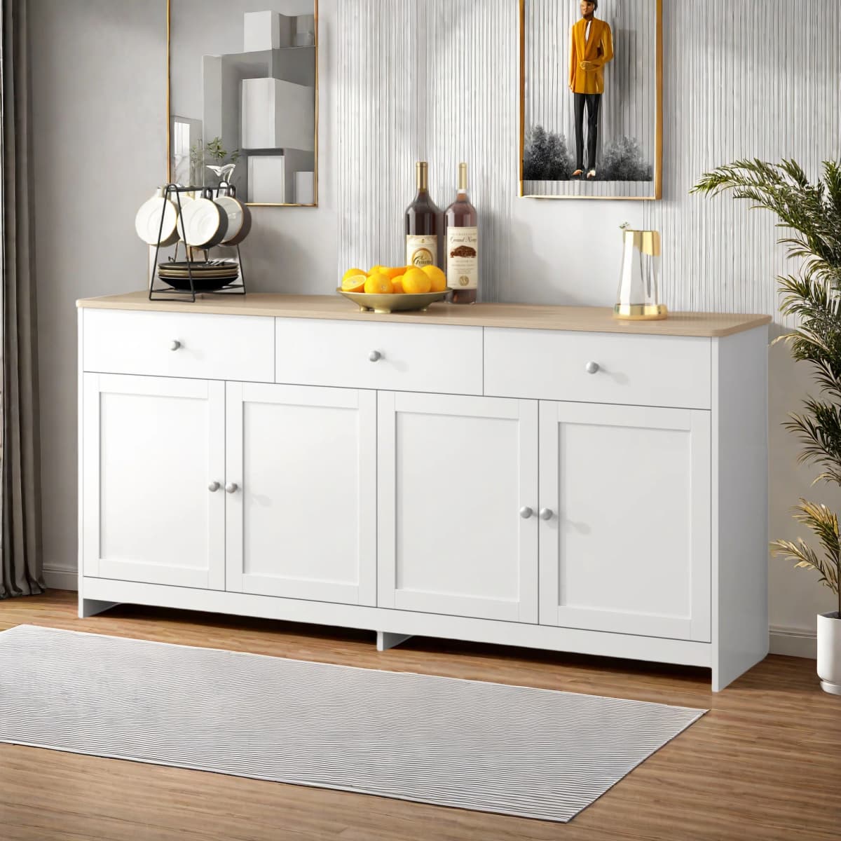Anajqaqia Buffet Cabinet, Spacious Kitchen Cabinet with 3 Drawers and Adjustable Shelves, for Living Room, Kitchen, White