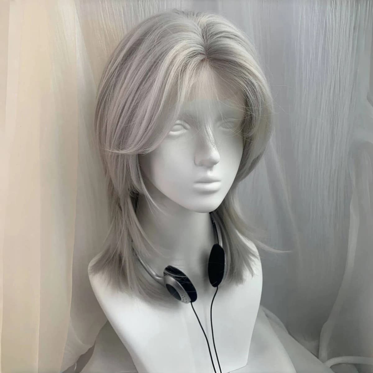 Lolita Synthetic Wig Forehead Lace Wolf Tail Short Curly Hair Silver Grey Layering Daily Fluffy Wig Full Head Unisex Daily