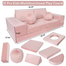 12Pcs Modular Kids Play Couch Fold Out Kids Play Sofa Set with Balls & Tunnel Children Convertible Sofa Soft Foam Sectional