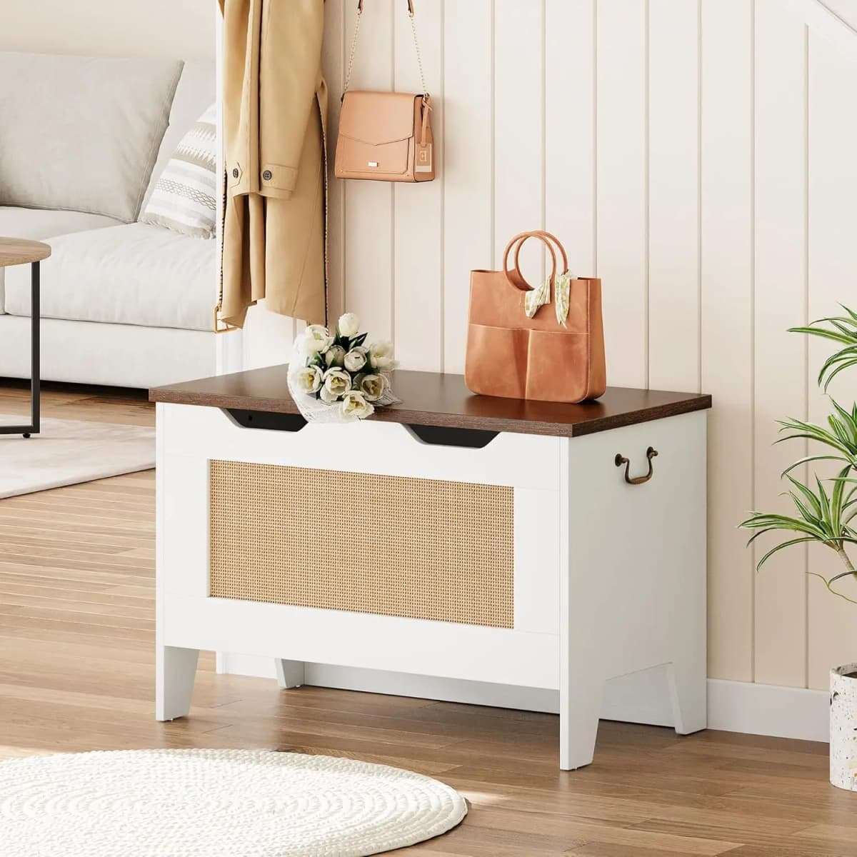 30" Rattan Storage Bench with Hinge Flip Top Storage Chest Wooden Toy Chest Organizer for Entryway Living Room Bedroom