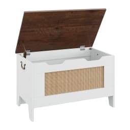 30" Rattan Storage Bench with Hinge Flip Top Storage Chest Wooden Toy Chest Organizer for Entryway Living Room Bedroom
