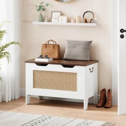 30" Rattan Storage Bench with Hinge Flip Top Storage Chest Wooden Toy Chest Organizer for Entryway Living Room Bedroom