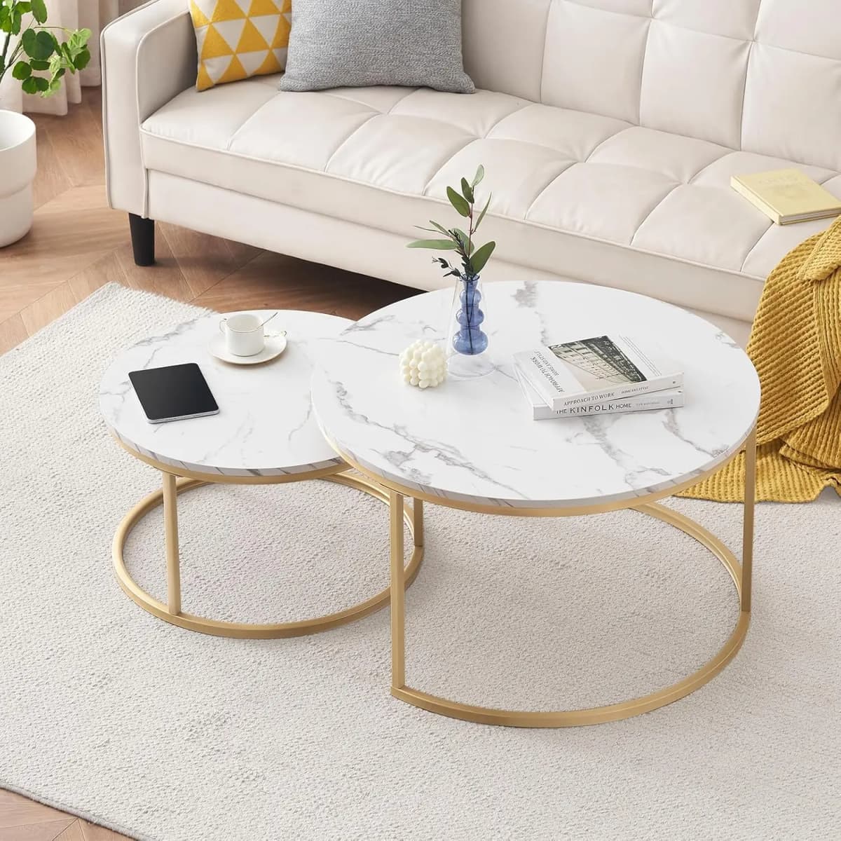 Rosahqnda Marble Look Coffee Table,Round Gold/Black Frame,Set of 2,Modern Living Room Stackable Table,Side Table for Living Room