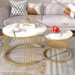 Rosahqnda Marble Look Coffee Table,Round Gold/Black Frame,Set of 2,Modern Living Room Stackable Table,Side Table for Living Room