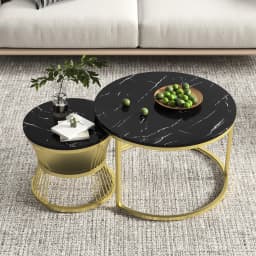 Rosahqnda Marble Look Coffee Table,Round Gold/Black Frame,Set of 2,Modern Living Room Stackable Table,Side Table for Living Room