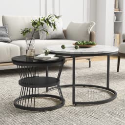 Rosahqnda Marble Look Coffee Table,Round Gold/Black Frame,Set of 2,Modern Living Room Stackable Table,Side Table for Living Room