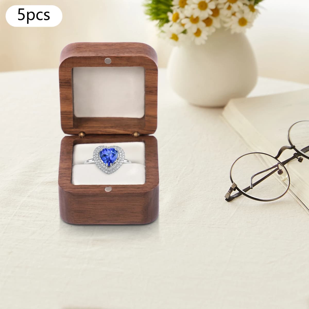 5PCS Natural Walnut Wood Ring Box Magnetic Closure Jewelry Gift Box Flannelette Lined Proposal Case for Wedding Engagement