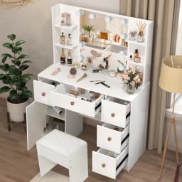 Teousev Modern Vanity Dressing Table Set with LED Lights 3 Color Dimmable 5 Drawers Mirror & Stool Easy Assembly Bedroom Sets
