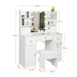 Teousev Modern Vanity Dressing Table Set with LED Lights 3 Color Dimmable 5 Drawers Mirror & Stool Easy Assembly Bedroom Sets