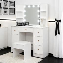 Teousev Modern Vanity Dressing Table Set with LED Lights 3 Color Dimmable 5 Drawers Mirror & Stool Easy Assembly Bedroom Sets