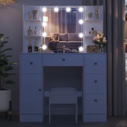 Teousev Modern Vanity Dressing Table Set with LED Lights 3 Color Dimmable 5 Drawers Mirror & Stool Easy Assembly Bedroom Sets