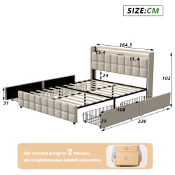 Double upholstered bed, 160 x 200 cm, storage bed with LED light and USB port, 4 drawers, youth bed, slatted bed frame