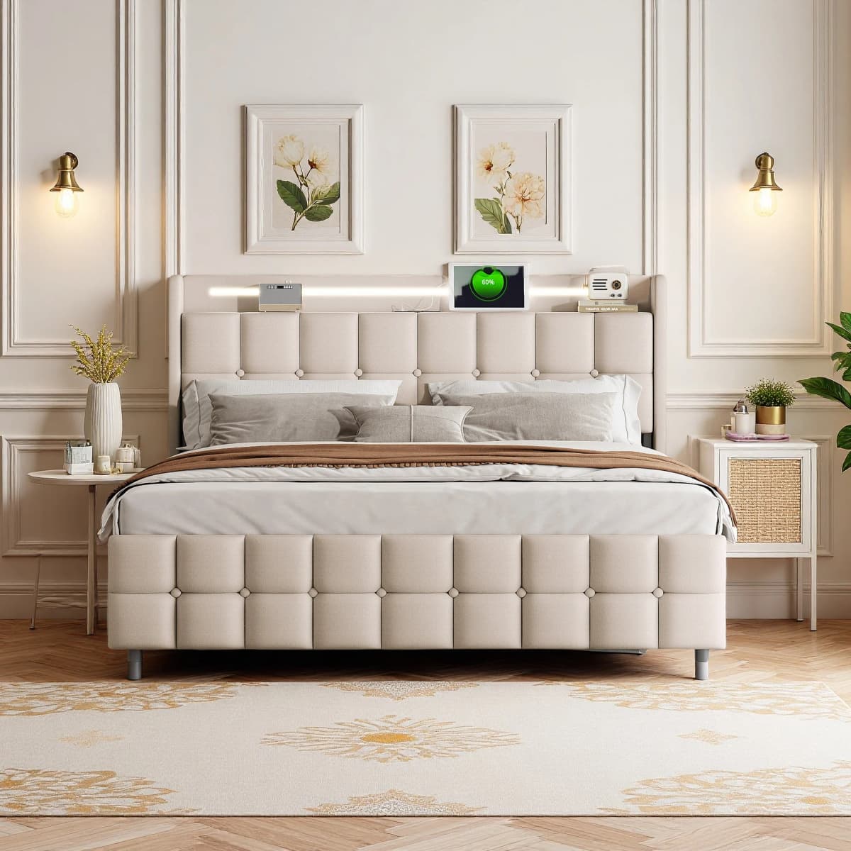 Double upholstered bed, 160 x 200 cm, storage bed with LED light and USB port, 4 drawers, youth bed, slatted bed frame