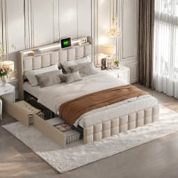 Double upholstered bed, 160 x 200 cm, storage bed with LED light and USB port, 4 drawers, youth bed, slatted bed frame