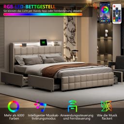 Double upholstered bed, 160 x 200 cm, storage bed with LED light and USB port, 4 drawers, youth bed, slatted bed frame
