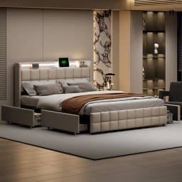 Double upholstered bed, 160 x 200 cm, storage bed with LED light and USB port, 4 drawers, youth bed, slatted bed frame