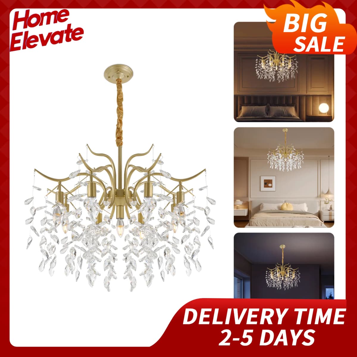 Golden Crystal Chandelier Lighting Fixture For Living Room Ceiling 9 Light E12 Bulbs Adjustable Chain Modern Home Decor