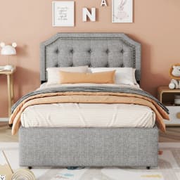 90x200cm Flat Upholstered Bed with Upholstered Nightstand Decorative Rivets&Double Drawers Bedroom Furniture for Small Spaces