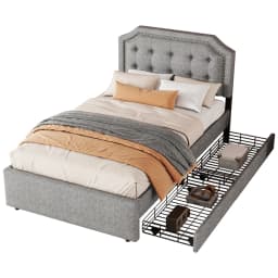 90x200cm Flat Upholstered Bed with Upholstered Nightstand Decorative Rivets&Double Drawers Bedroom Furniture for Small Spaces