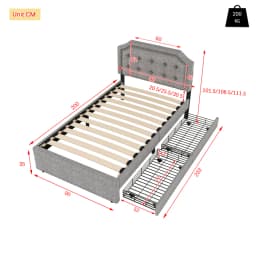 90x200cm Flat Upholstered Bed with Upholstered Nightstand Decorative Rivets&Double Drawers Bedroom Furniture for Small Spaces