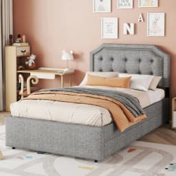 90x200cm Flat Upholstered Bed with Upholstered Nightstand Decorative Rivets&Double Drawers Bedroom Furniture for Small Spaces