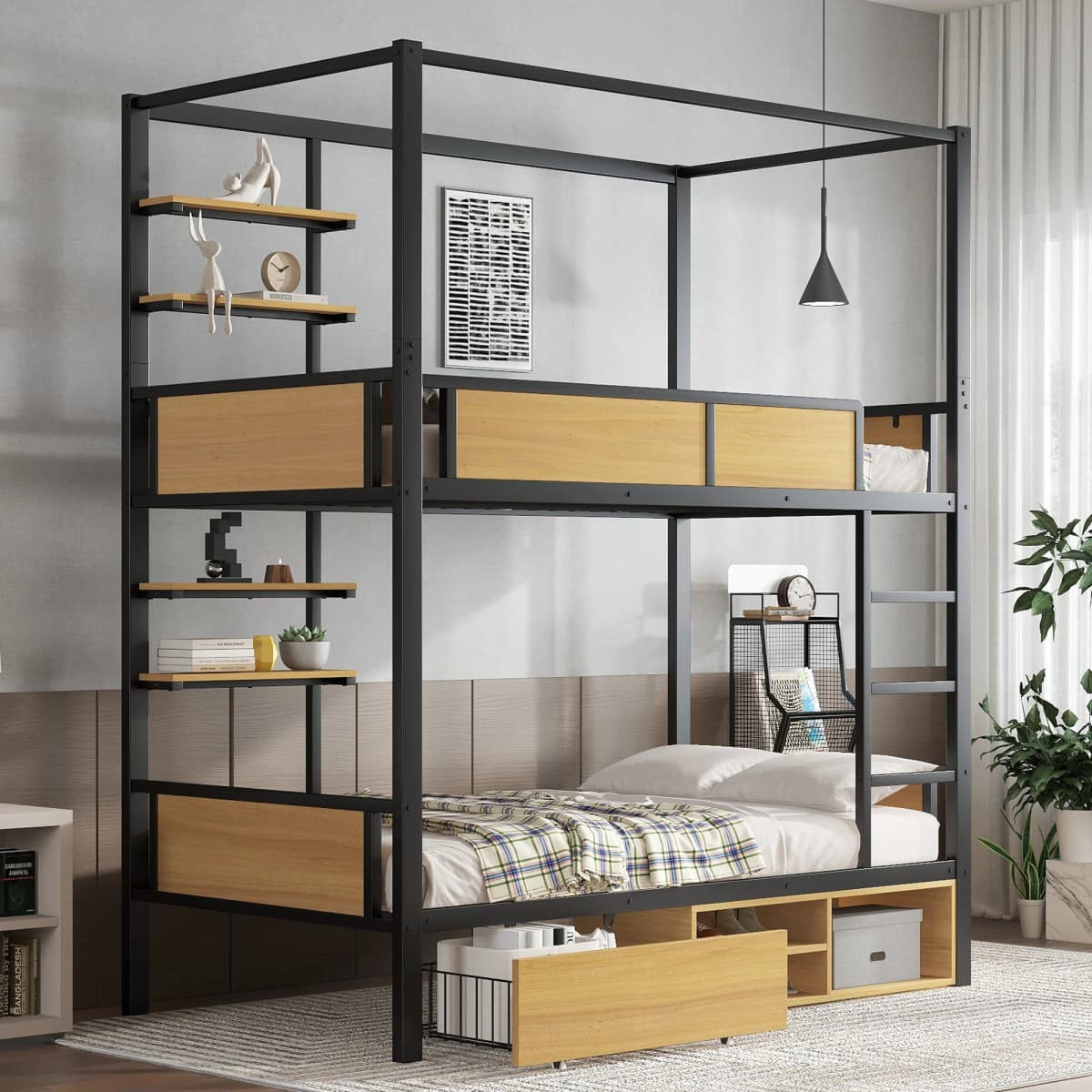 Bunk bed, iron bed,double shelf on the side of the bed, storage space under the bed,bed curtain can be attached to the upper bed