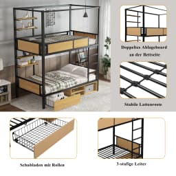 Bunk bed, iron bed,double shelf on the side of the bed, storage space under the bed,bed curtain can be attached to the upper bed