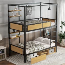 Bunk bed, iron bed,double shelf on the side of the bed, storage space under the bed,bed curtain can be attached to the upper bed