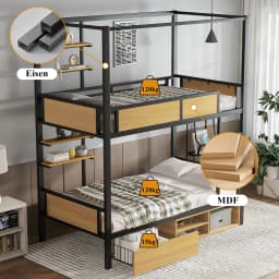 Bunk bed, iron bed,double shelf on the side of the bed, storage space under the bed,bed curtain can be attached to the upper bed