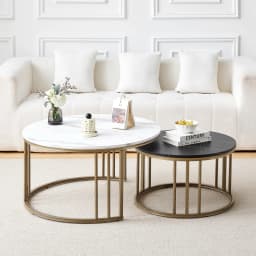 Round coffee table, set of 2 side table with gold metal frame