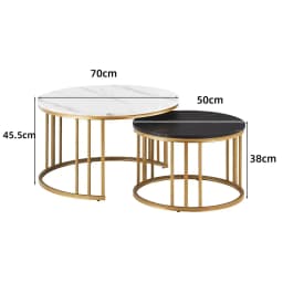 Round coffee table, set of 2 side table with gold metal frame