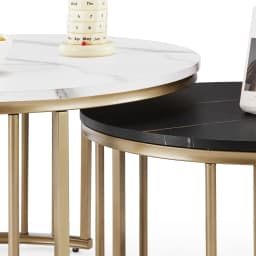 Round coffee table, set of 2 side table with gold metal frame