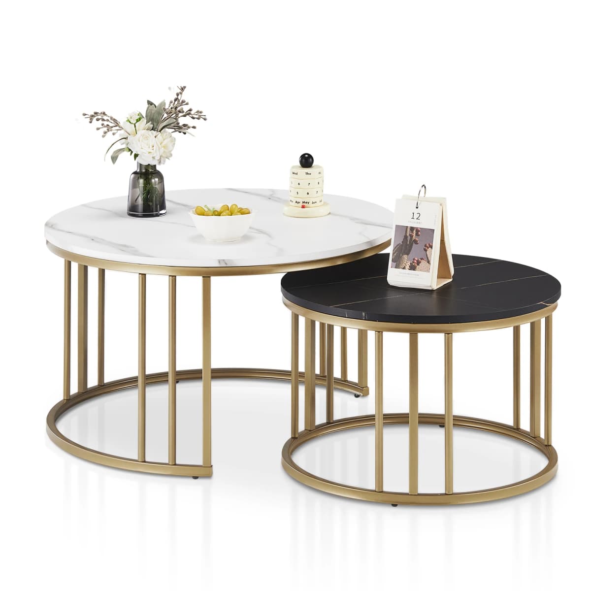 Round coffee table, set of 2 side table with gold metal frame