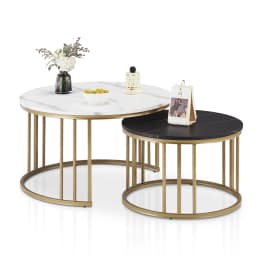 Round coffee table, set of 2 side table with gold metal frame