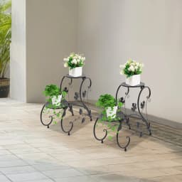 2-Pack Metal Flower Stand - Vintage Black/White Plant Shelf for Balcony/Garden/Living Room