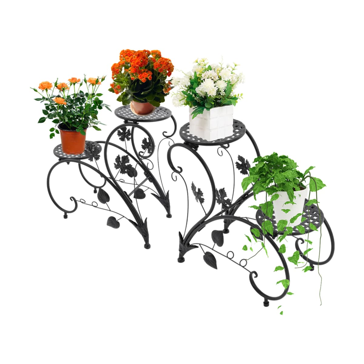 2-Pack Metal Flower Stand - Vintage Black/White Plant Shelf for Balcony/Garden/Living Room