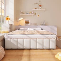KOMHTOM Upholstered Bed Frame 140×200 cm, with Hydraulic Storage Space and Slatted Base, without headboard and mattress, Linen