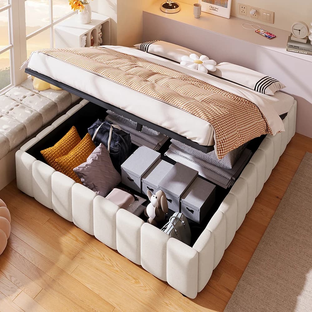 KOMHTOM Upholstered Bed Frame 140×200 cm, with Hydraulic Storage Space and Slatted Base, without headboard and mattress, Linen