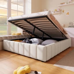KOMHTOM Upholstered Bed Frame 140×200 cm, with Hydraulic Storage Space and Slatted Base, without headboard and mattress, Linen