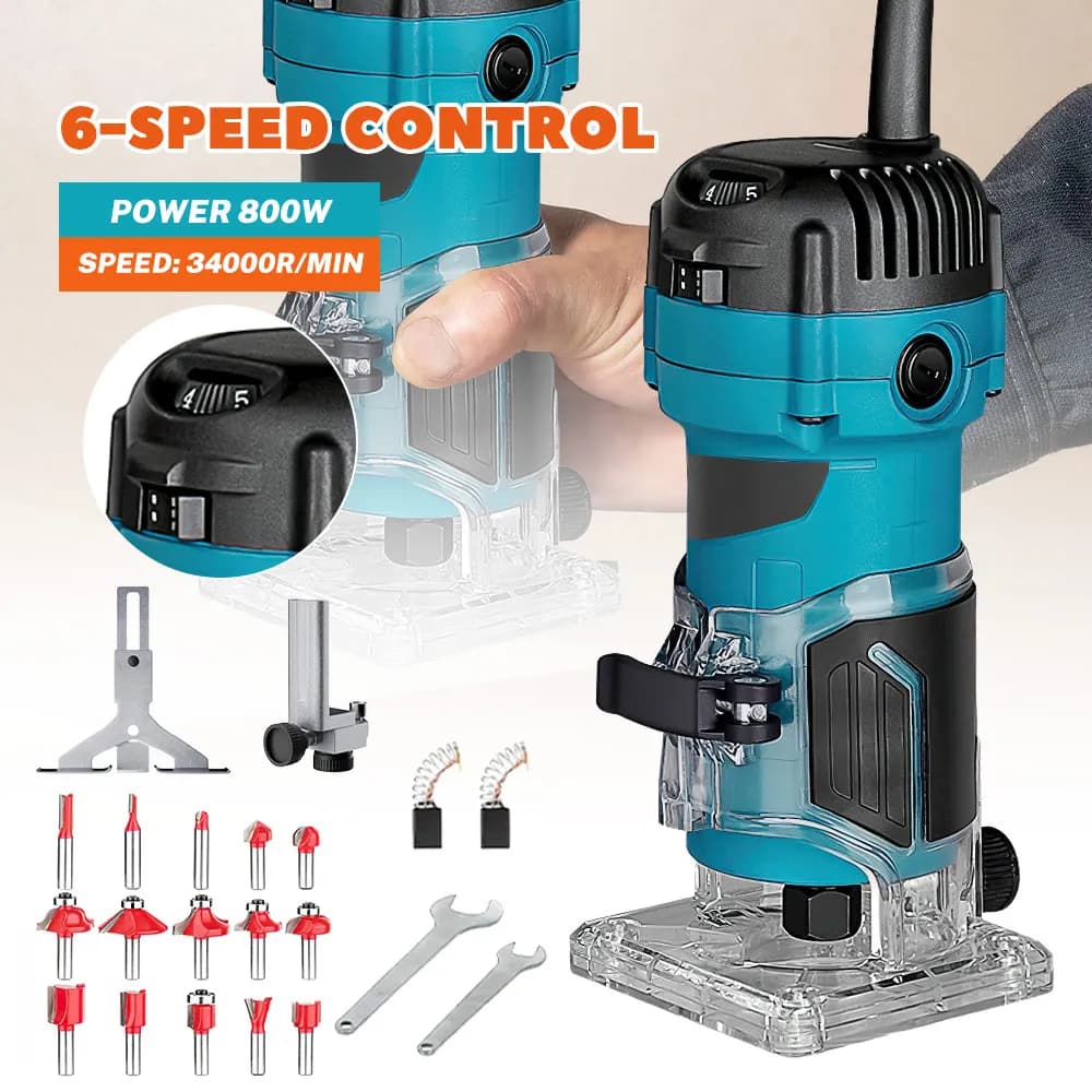 800W Electric Trimming Machine 6 Speed 34000rpm Woodworking Milling Engraving Hand Wood Edge Router Trimmer Home DIY Power Tools
