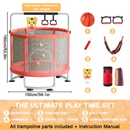 60 inch fitness trampoline, thick and encrypted safety net, adjustable gymnastics pole, maximum weight capacity of 440 pounds