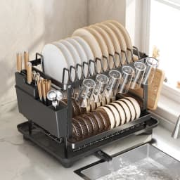 Double-layer Dish Drain Rack Kitchen Countertop Drainer Space Saving Storage Organizer Cups,Bowls,Cutting Boards for 2–3 People